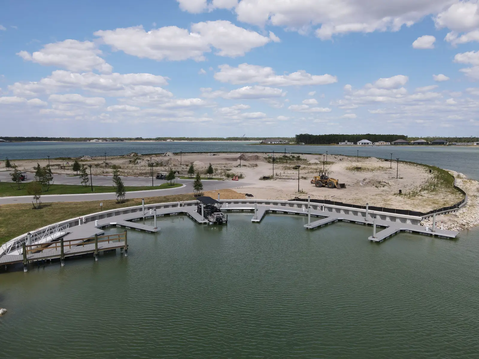 Marina docks extending into the lake