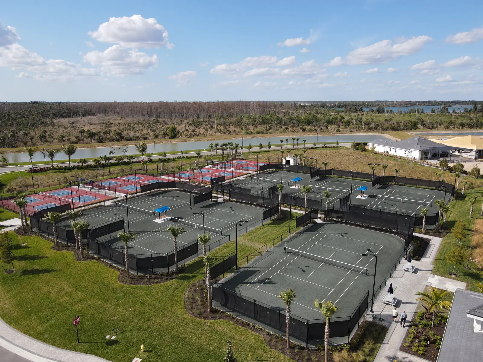 Aerial view of tennis and pickleball courts